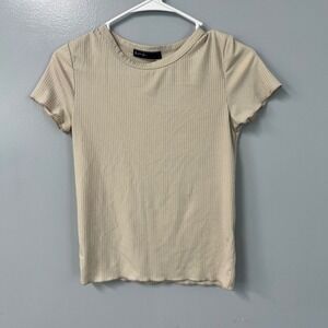 Brit & Bri Women Tan Ribbed Short Sleeve Lettuce Edge Crew Neck Basic Tee Small